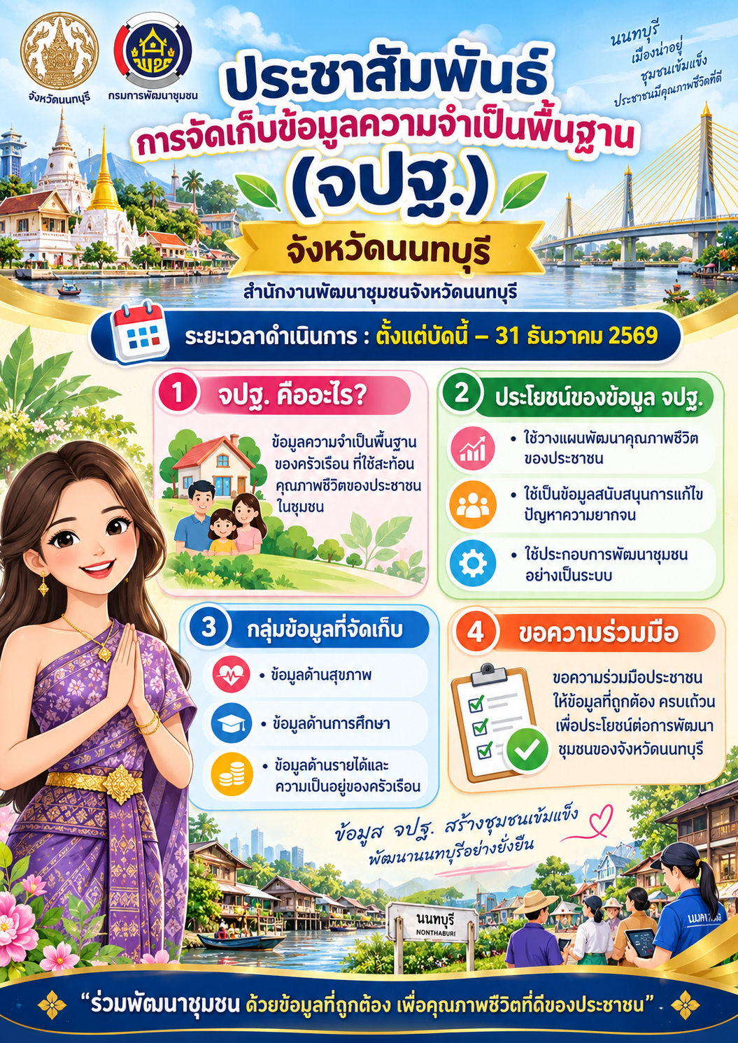 💜 สำนักงานพัฒนาชุมชนจังหวัดนนทบุรี ขอเชิญชวนพี่น้องประชาชนชาวจังหวัดนนทบุรี ร่วมให้ข้อมูลความจำเป็นพื้นฐาน (จปฐ.) เพื่อสะท้อนสภาพความเป็นอยู่และคุณภาพชีวิตของประชาชนในแต่ละครัวเรือน